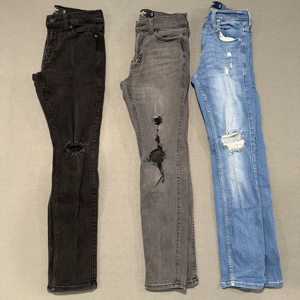 3 Hollister Men’s Distressed Jeans W26L30 Skinny Leg Gray,black, Light Wash